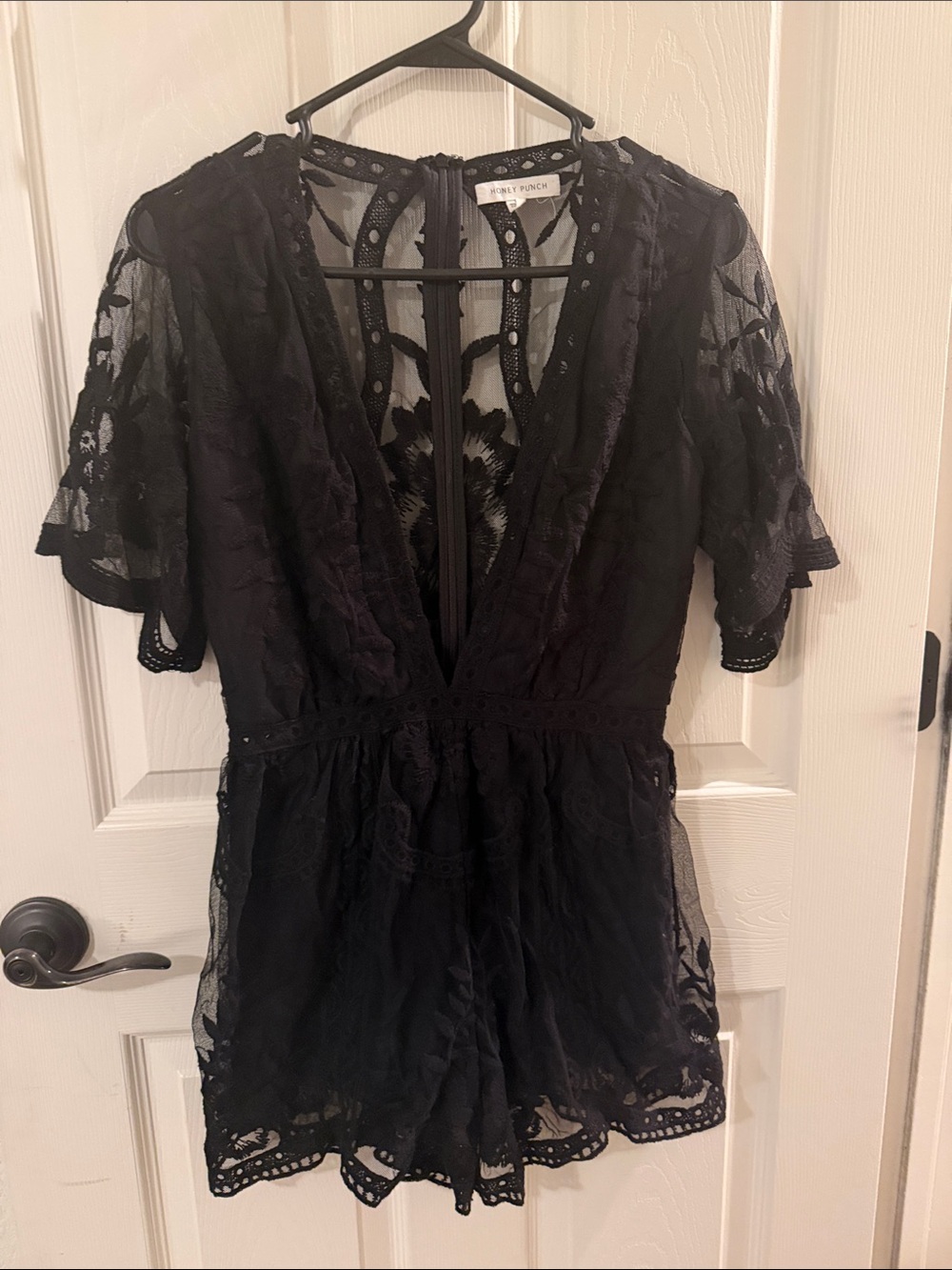 Honey Punch Black Lace Romper with Sheer Floral Detail